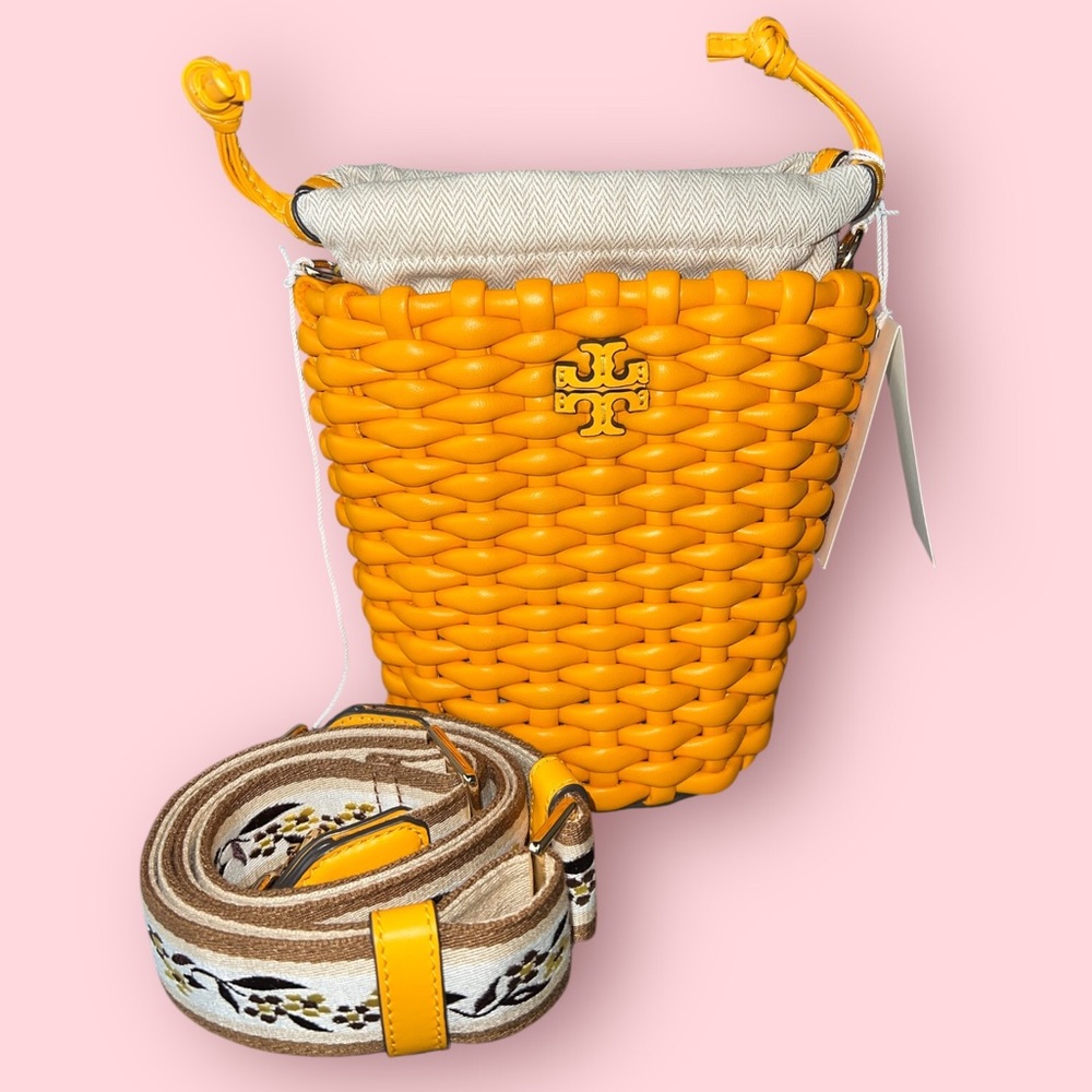 Tory Burch Emerson Woven Leather Mini Bucket Bag (Bright Squash)